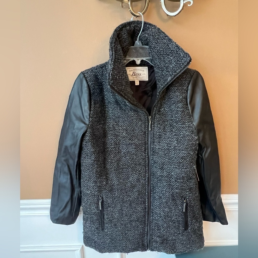 BASS Women’s Pea Coat w/ Faux Leather Sleeves Wool Blend Size XS - Picture 2 of 10